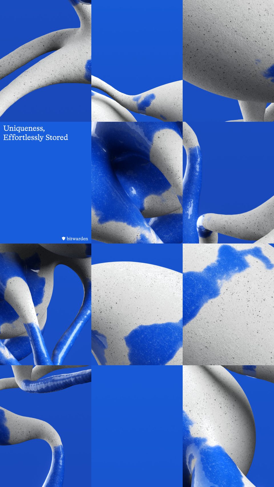 tile grid of sculpture close-ups with the Bitwarden brand tagline „Uniqueness, Effortlessly Stored“